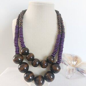 Brown Purple Wooden Beads Necklace 2 Layers Boho Earth Tone Statement Like New